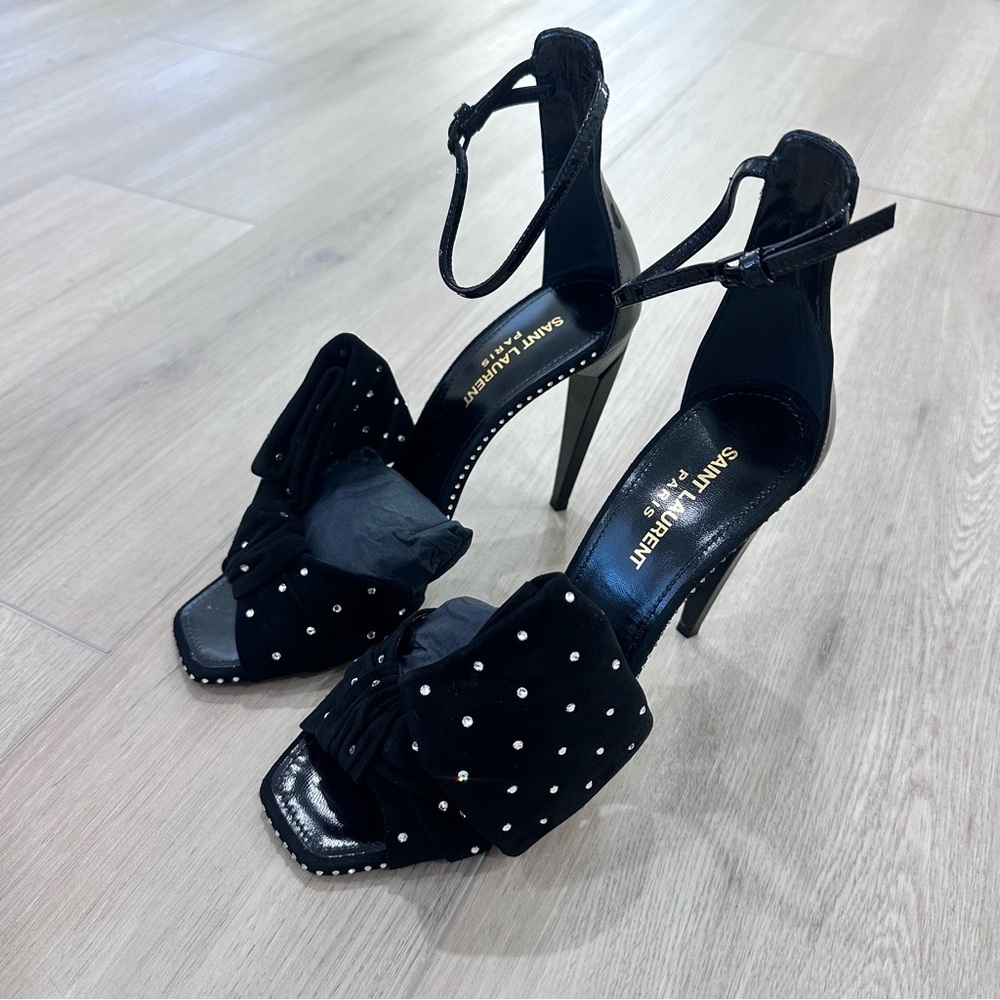 NWT Saint Laurent Freja suede bow crystal open toe heels black 9 EUR 39.5